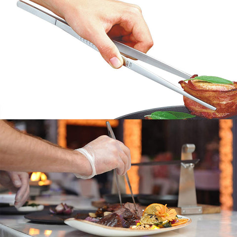 Tangoowal 12-inch tweezers sautéing small pieces in a pan