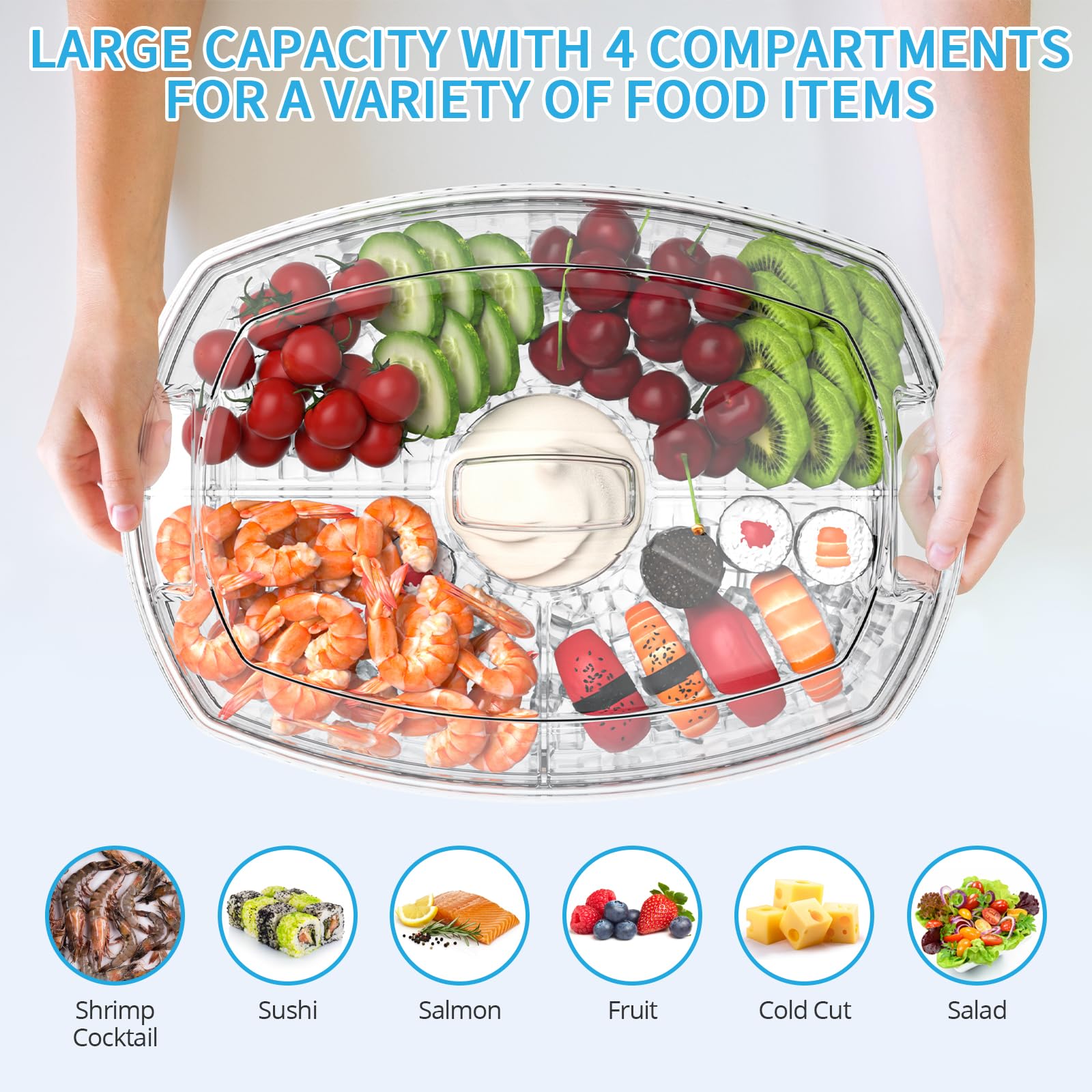 Tray loaded with assorted foods in four sections for a party spread