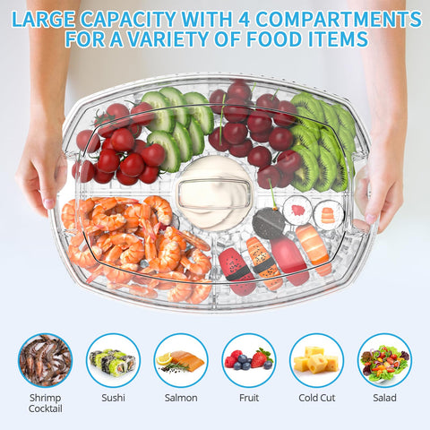 Tray loaded with assorted foods in four sections for a party spread