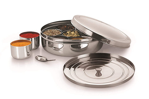 Tanish Trading stainless steel spice box with airtight compartments preserves aroma.