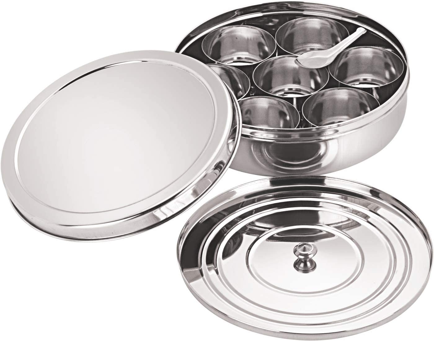 Tanish Trading Masala Dabba with seven containers keeps spices organized.