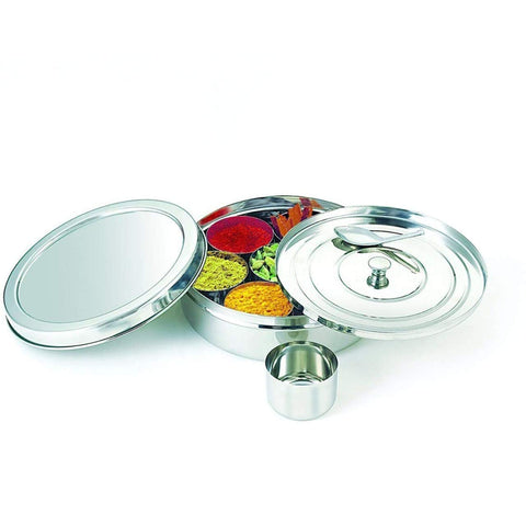 Tanish Trading Masala Dabba includes measuring spoon for precise portions.