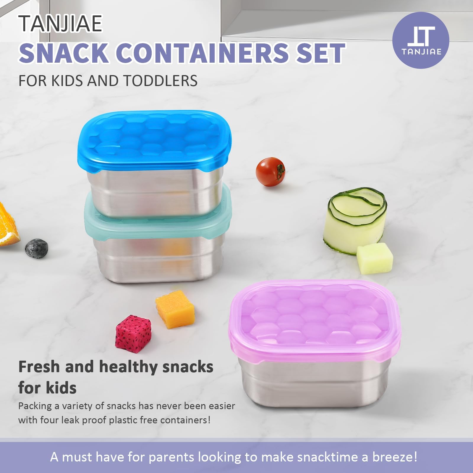 Tanjiae Snack Pro stacked containers demonstrate space-saving fridge organization.