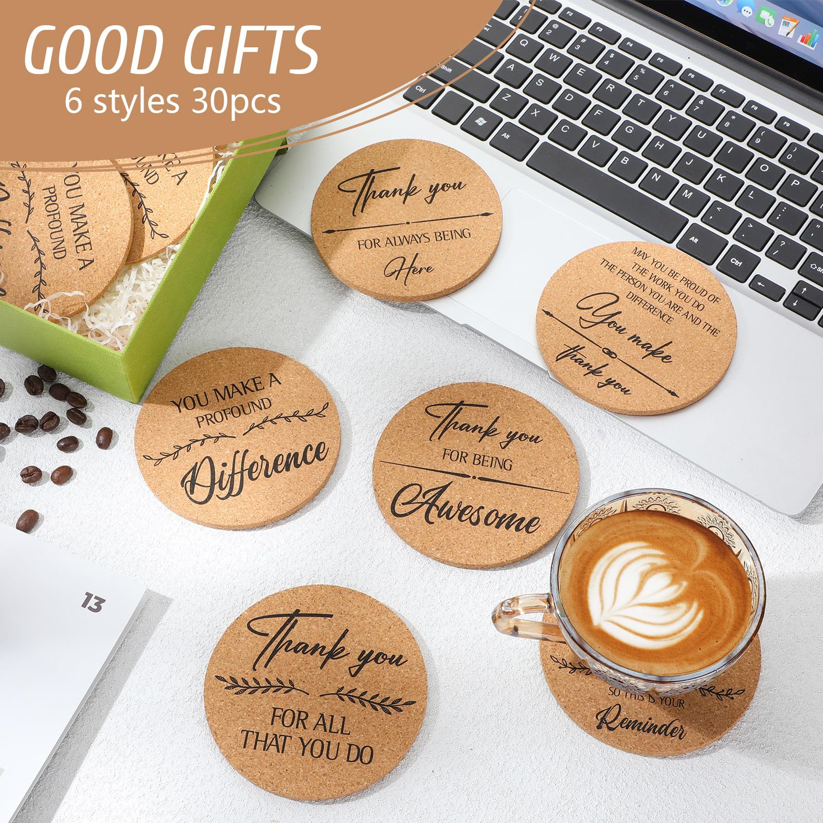 Tanlade coasters featuring inspirational words for coworker appreciation.