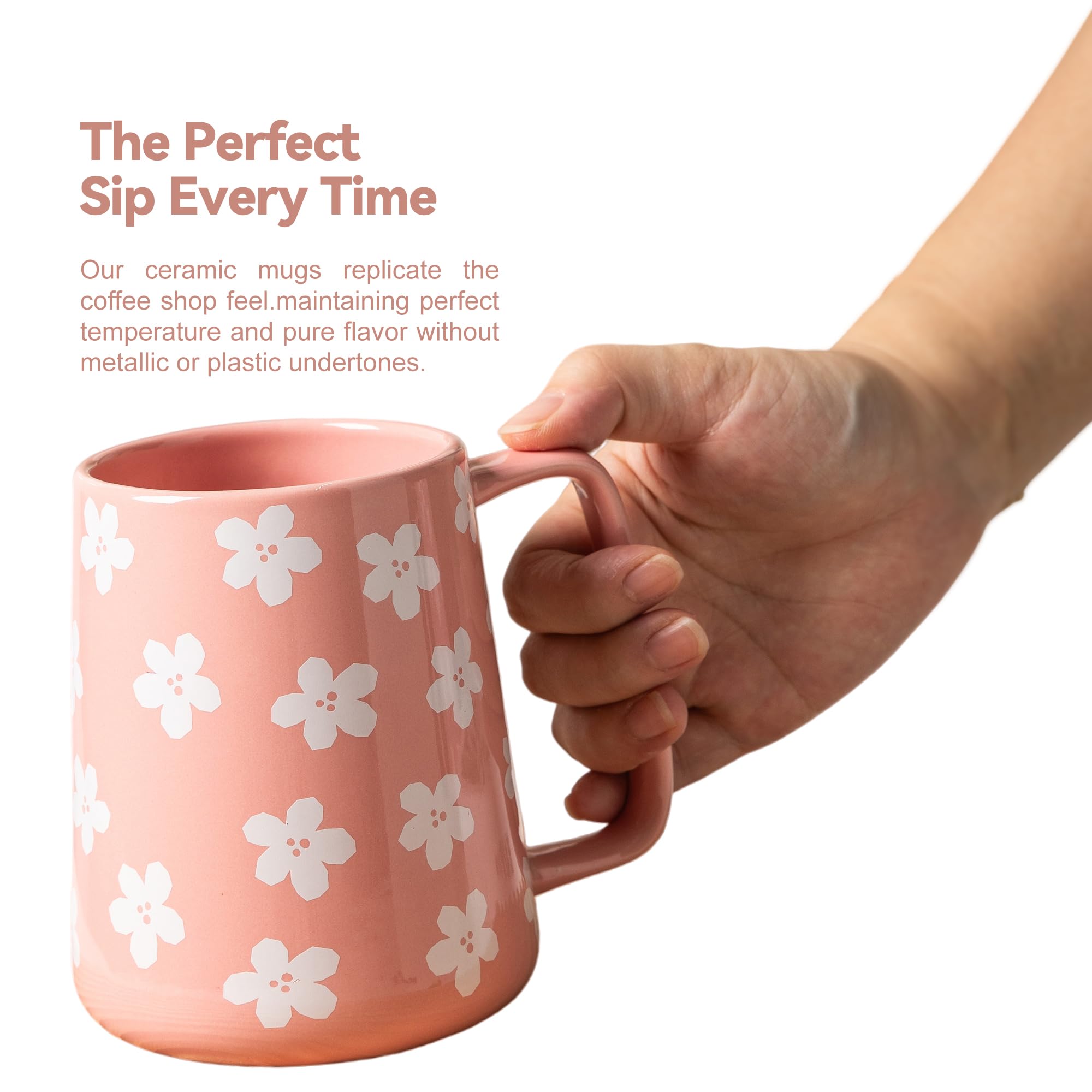 TaoTaojarvie pink floral mug with a large handle for comfortable lifting.