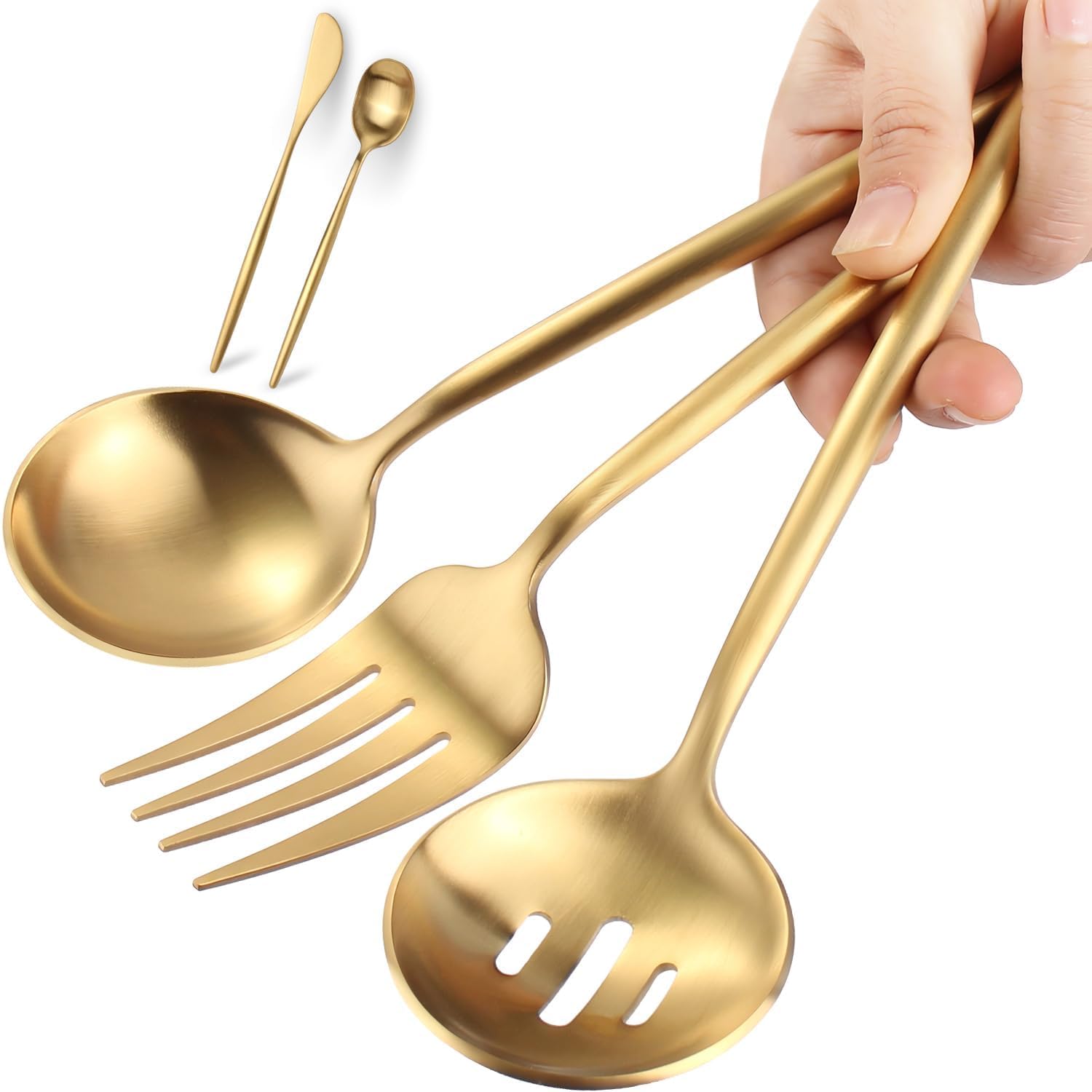 Targzier gold serving fork in action, strong and elegant for buffet service.