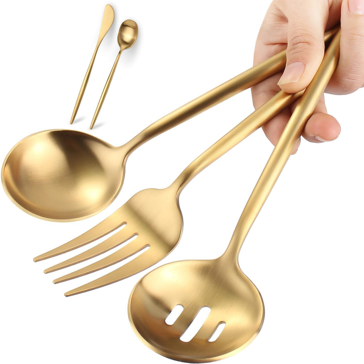 Targzier gold serving fork in action, strong and elegant for buffet service.