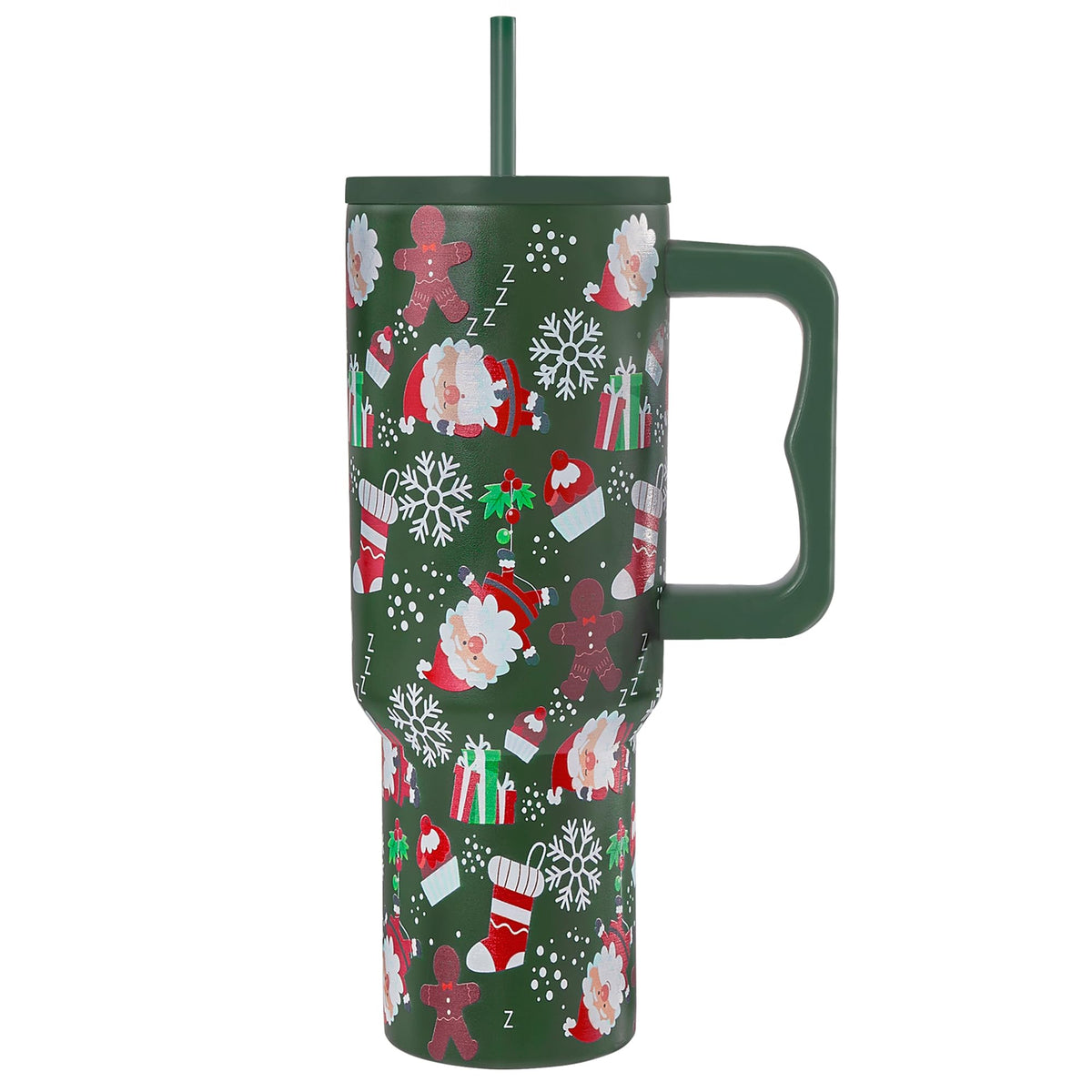 TaroKitc 40oz Christmas tumbler with handle and lid keeps beverages secure on the go.