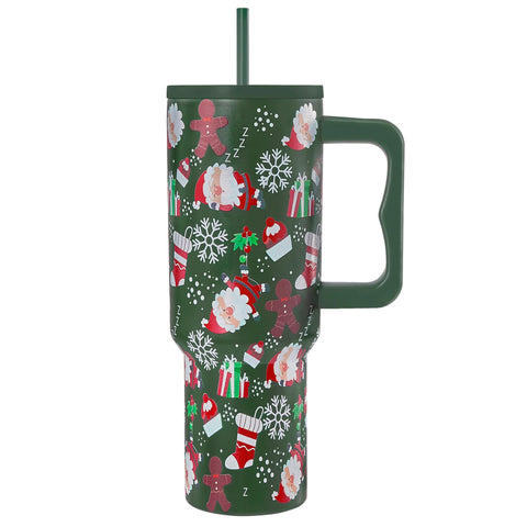 TaroKitc 40oz Christmas tumbler with handle and lid keeps beverages secure on the go.