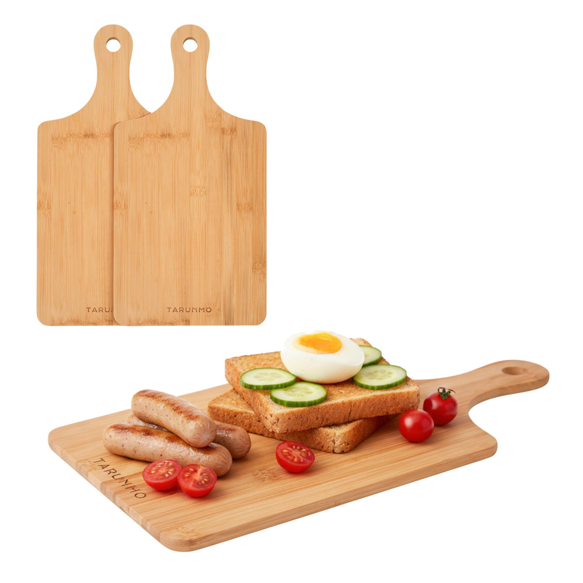 Tarunmo bamboo cutting board set of 3 on a kitchen counter showing the natural grain and size variety