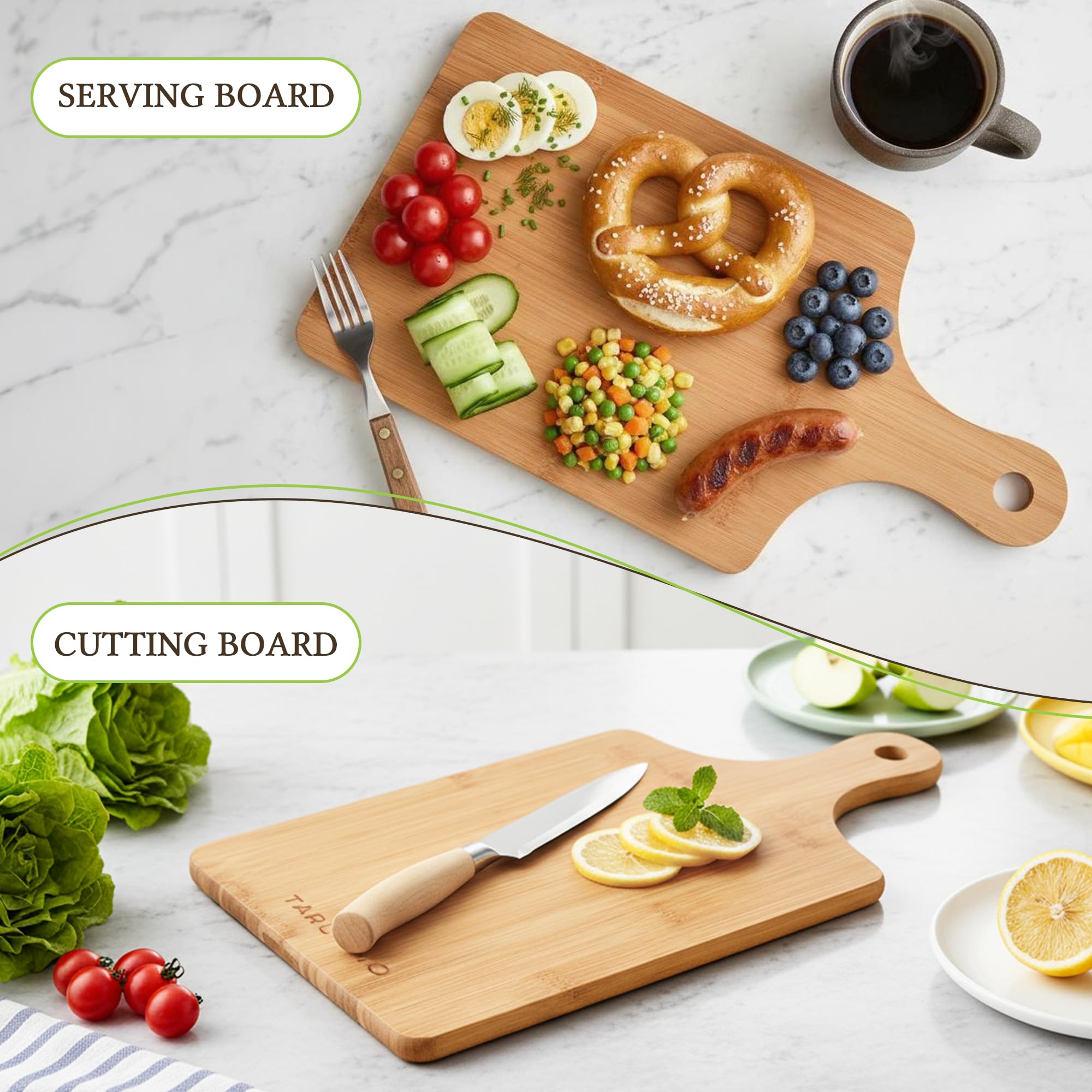 Tarunmo bamboo serving board used as a charcuterie platter with cheese and crackers