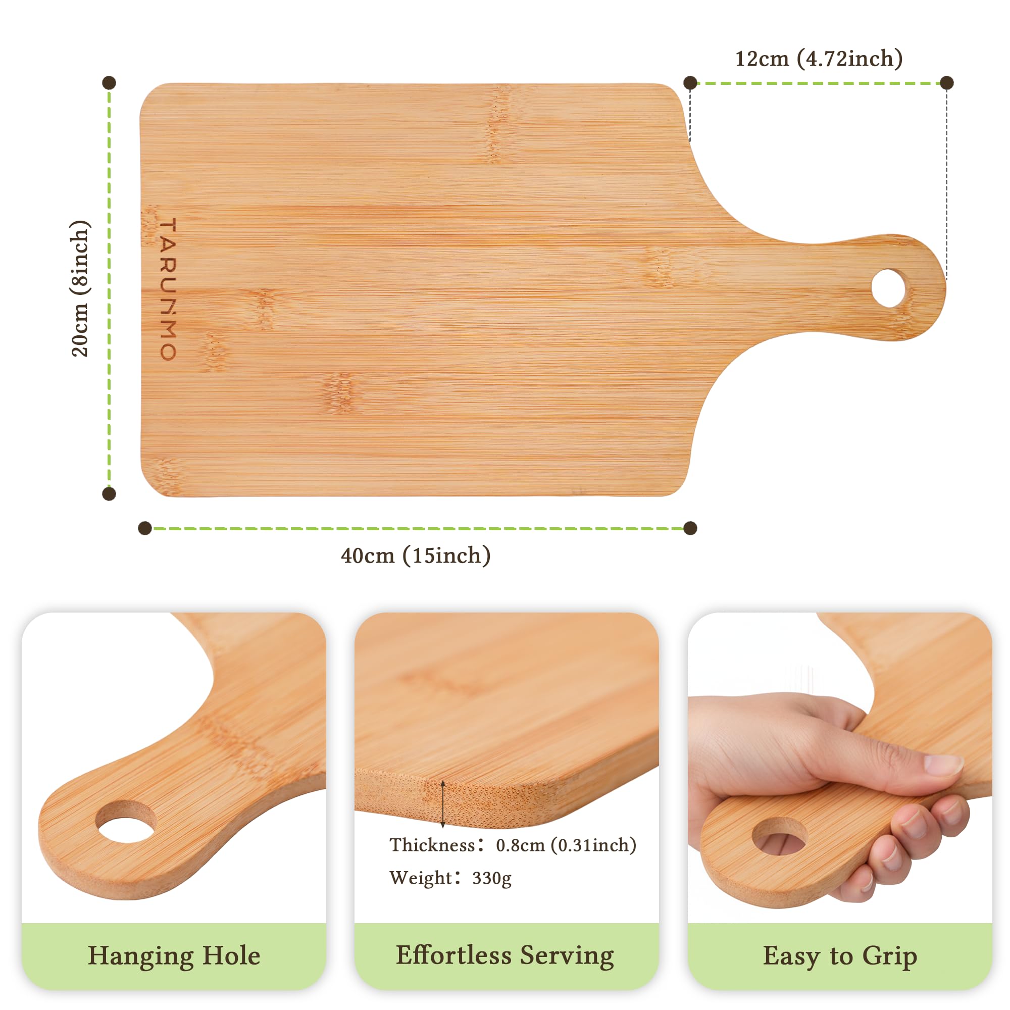 Tarunmo cutting board with handle ready for one-handed slicing and transfer
