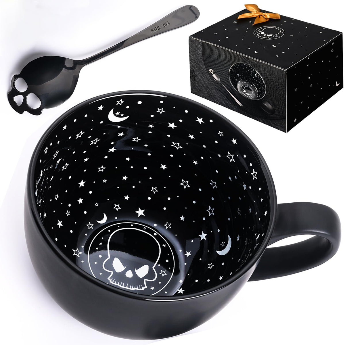 Taruzil Midnight Skull Mug with galaxy design, ideal for bold morning rituals and gothic decor.