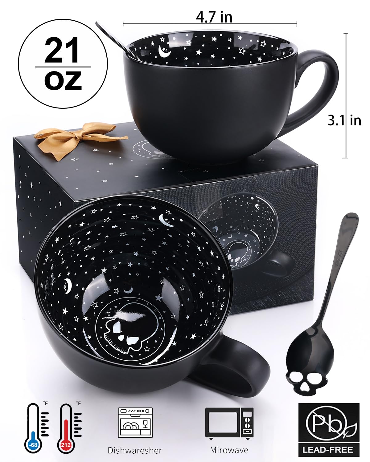 Taruzil Midnight Skull Mug skull-bottom detail enhances display on kitchen shelves or altars.