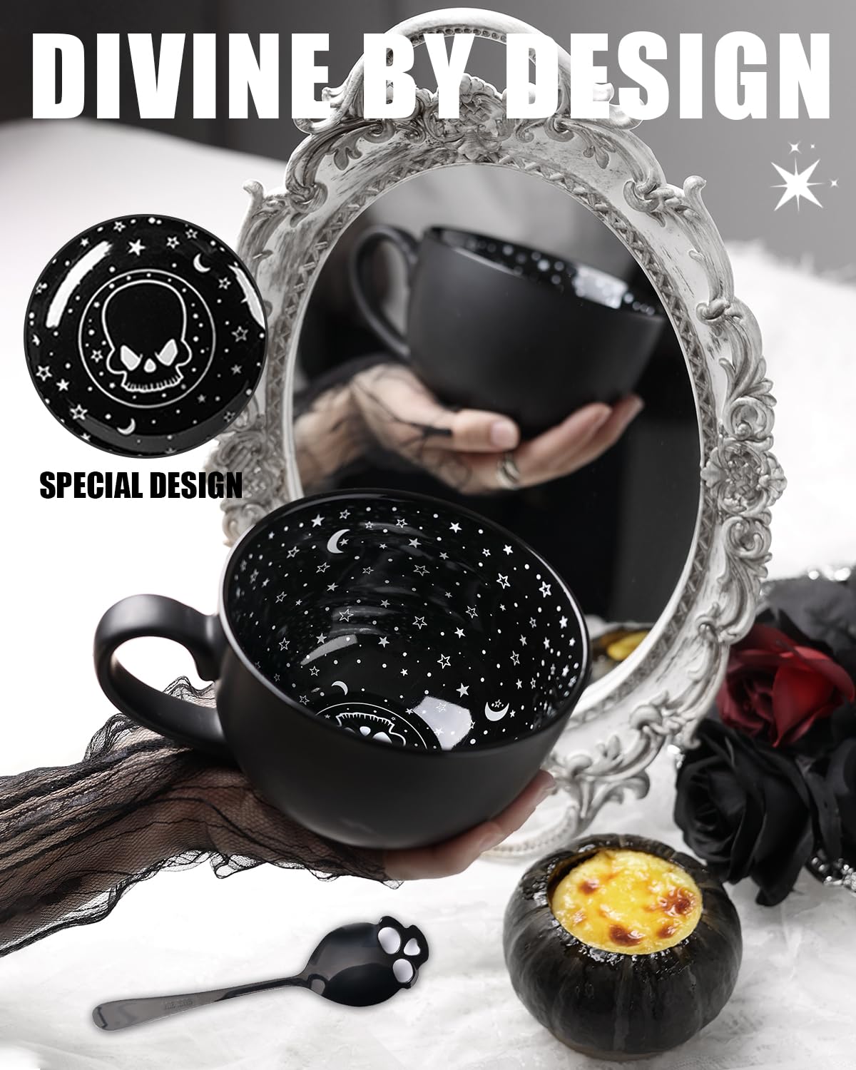 Taruzil Skull Spoon in black 304-grade steel pairs with the mug for stirring.