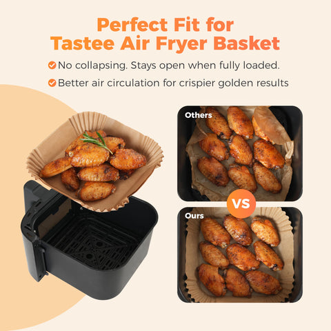 Tastee air fryer liners in a 3-6QT basket showing low-edge design to prevent edge wrapping