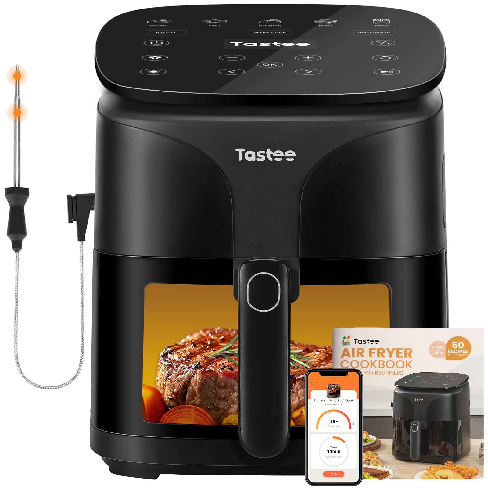Tastee Air Fryer shows 450°F temperature control for even browning and fast prep.