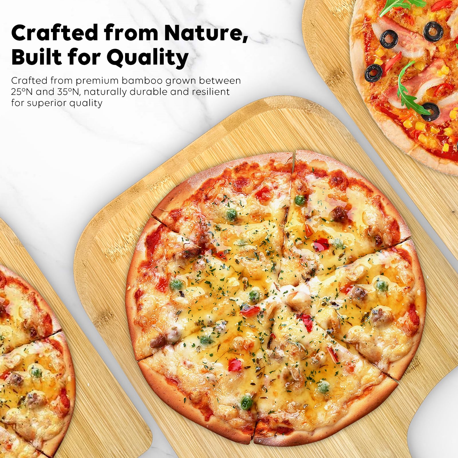 TastiFun Cube peel with tapered edge slides under pizza for easy lifting.
