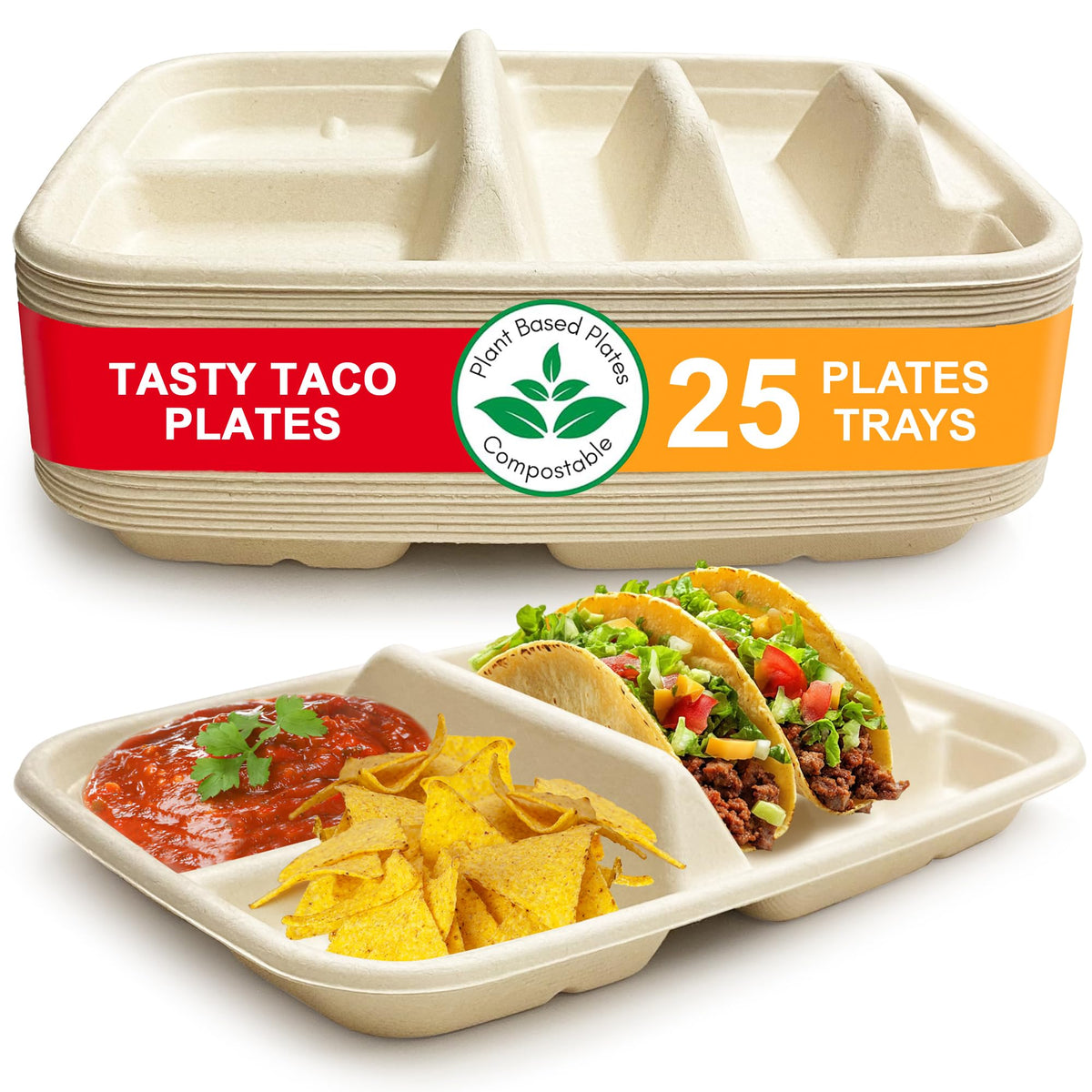 Tasty Taco disposable plates with dividers hold 2 tacos and 2 sides for easy serving.