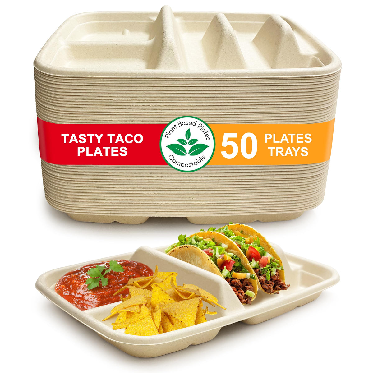 Tasty Taco disposable plates with dividers keep tacos and sides neatly separated.