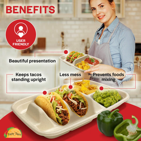 Tasty Taco plates are compatible with soft and hard shells for versatile serving.