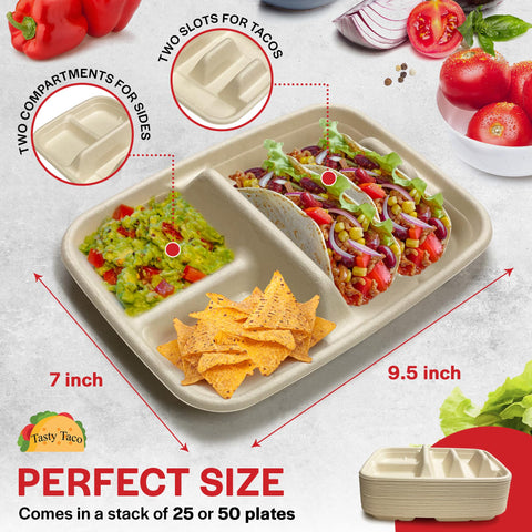 Tasty Taco taco bar serving set plates arranged for a clean sociable buffet.