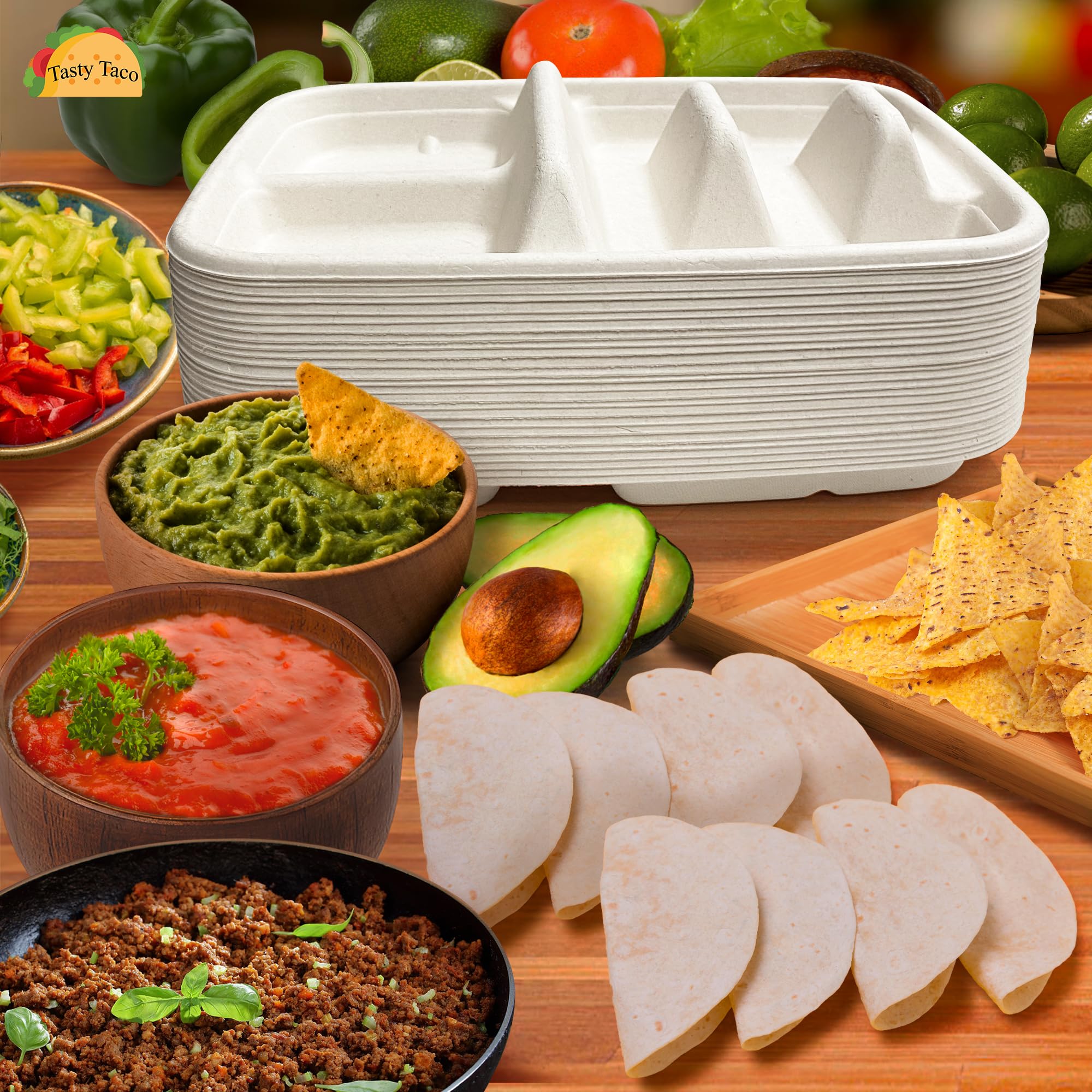 Tasty Taco two tacos two sides layout demonstrates compact serving for gatherings.