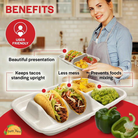 Tasty Taco white disposable plates stack shows everyday convenience.