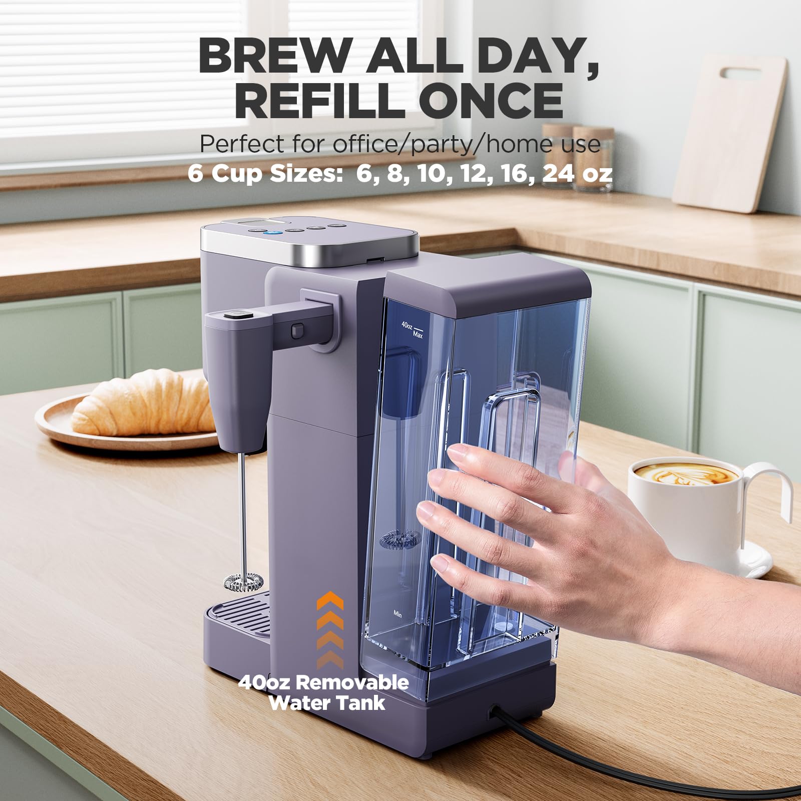 Tastyle 40-ounce removable water reservoir keeps refills simple.