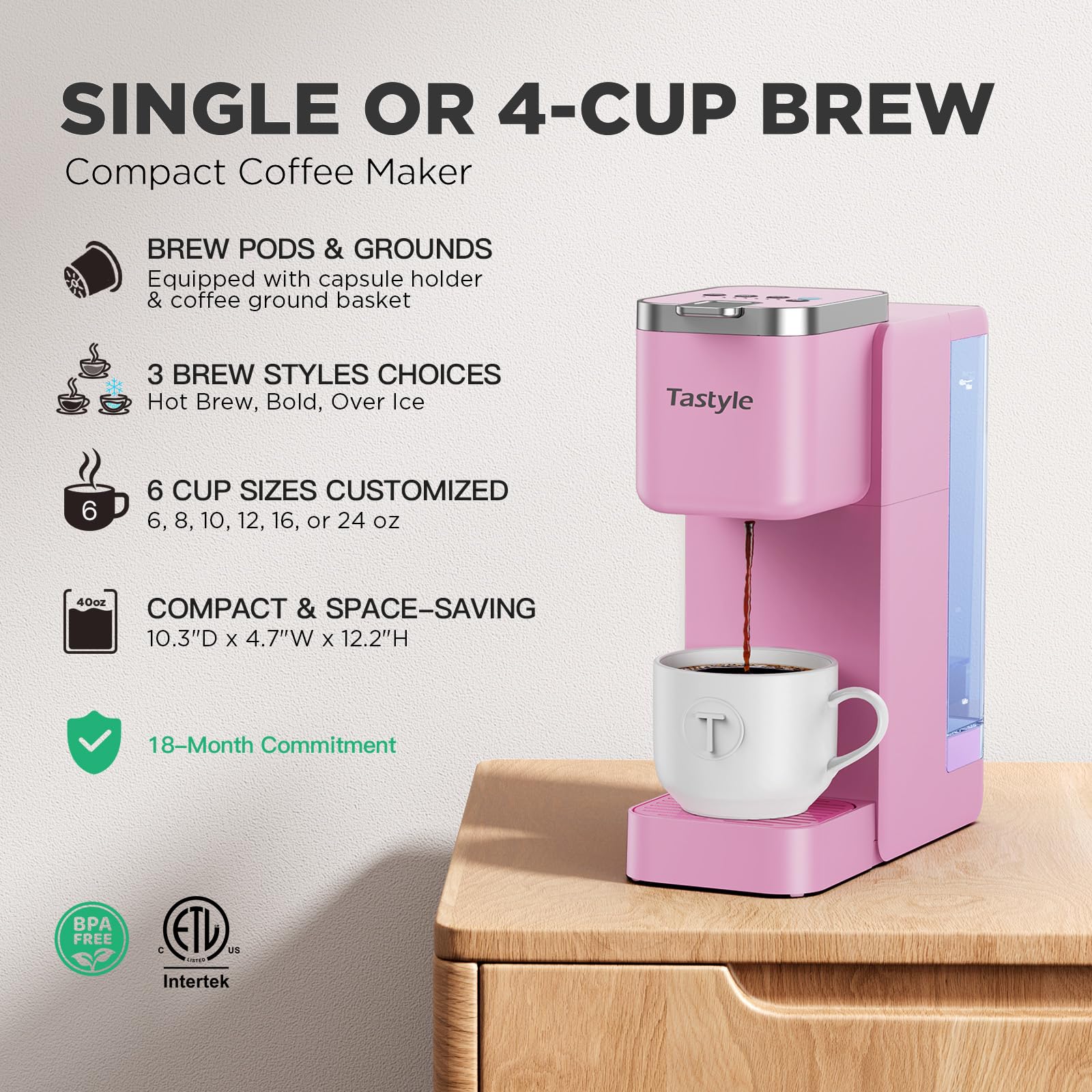 Tastyle 40oz removable reservoir with clear water view for easy refills.