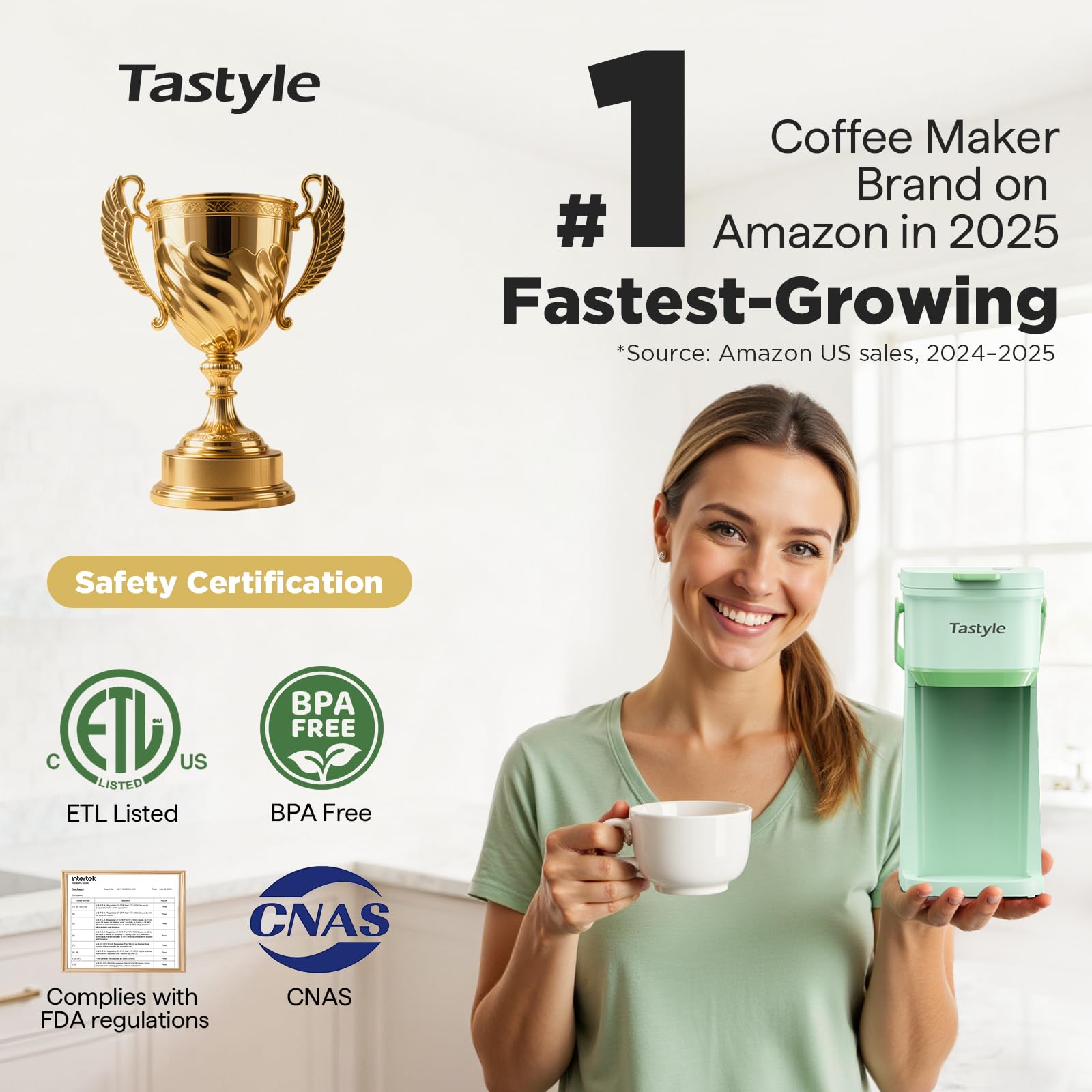 Tastyle brew button shown for easy, fast single serve coffee