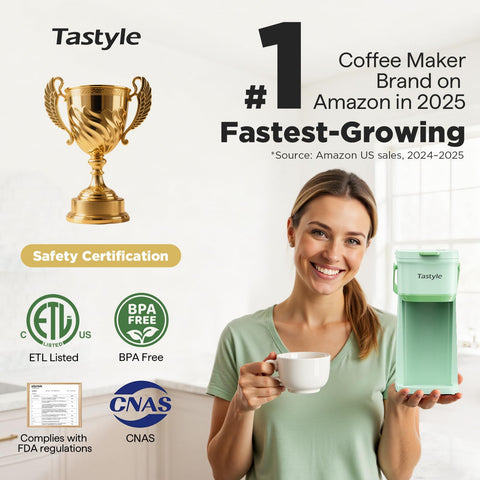 Tastyle brew button shown for easy, fast single serve coffee