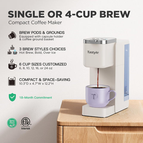 Tastyle coffee maker showing hot and iced brew options.