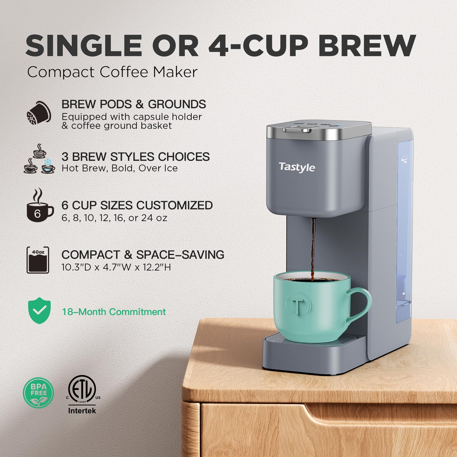 Tastyle coffee maker with pod compatibility and capsule holder for versatile brews.