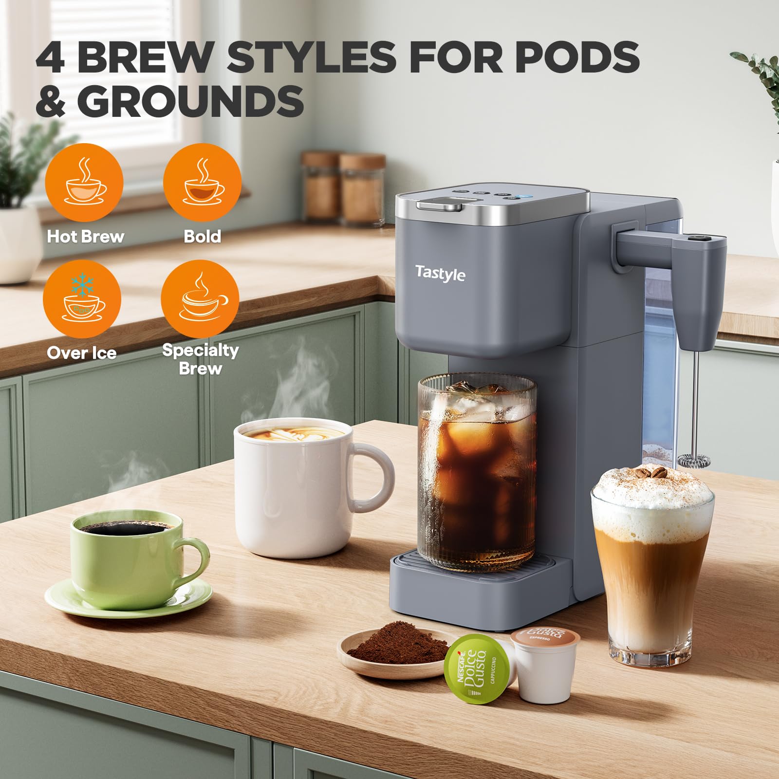 Tastyle unit supporting pods and grounds for flexible coffee options