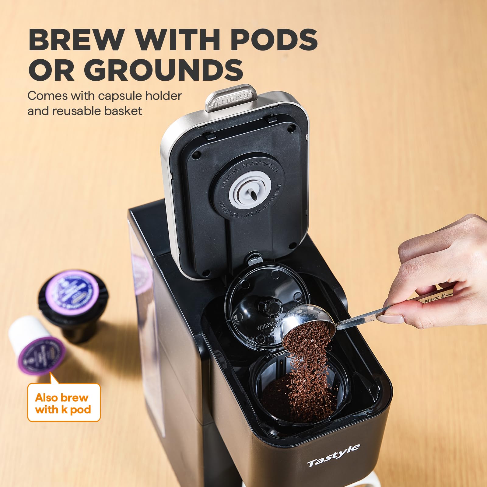 Tastyle coffee maker illustrating pods and grounds compatibility for flexibility.