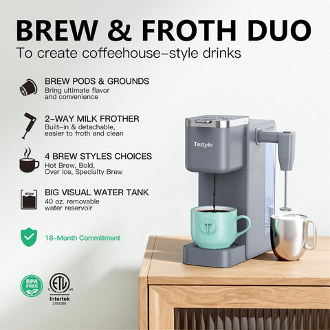 Tastyle coffee maker with detachable milk frother shown for cafe style drinks at home