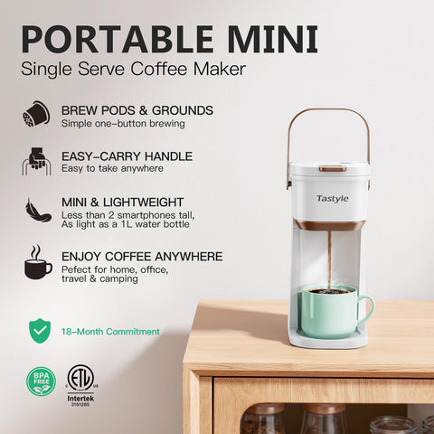 Tastyle coffee maker with portable handle, perfect for travel and small spaces.
