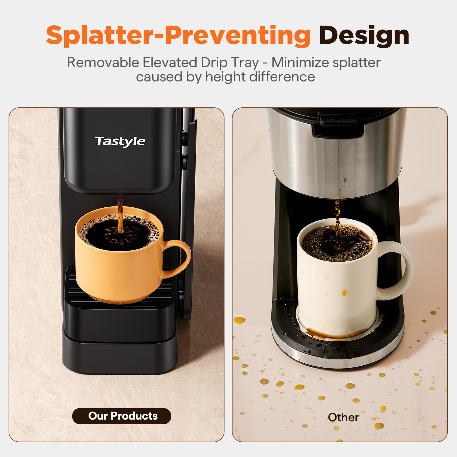 Tastyle elevated drip tray prevents splatter and fits tall travel mugs.