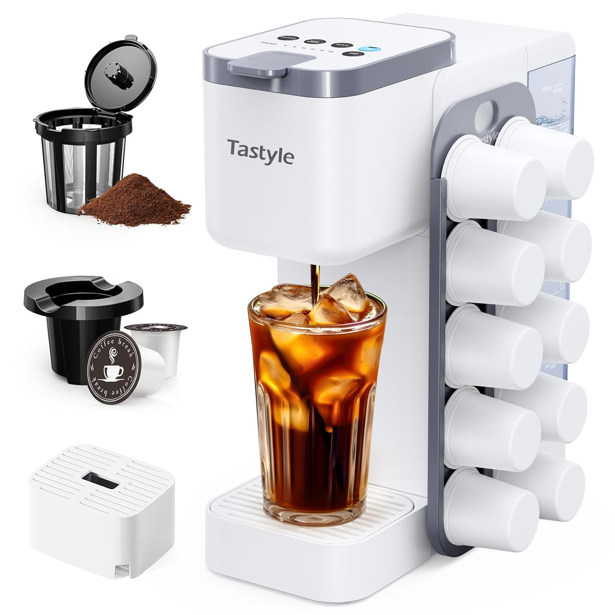 Tastyle hot-iced coffee maker with magnetic K-Pod organizer keeps pods neatly organized for quick brews
