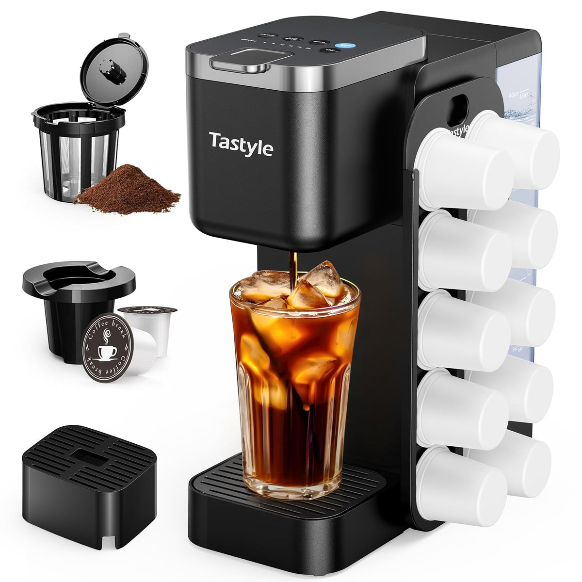 Tastyle magnetic K-Pod organizer mounted on the side for easy pod access.