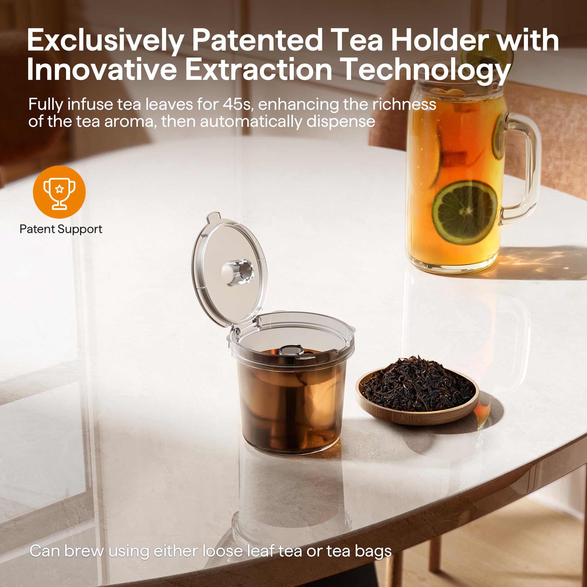 Tastyle removable drip tray reduces splatter for short cups.