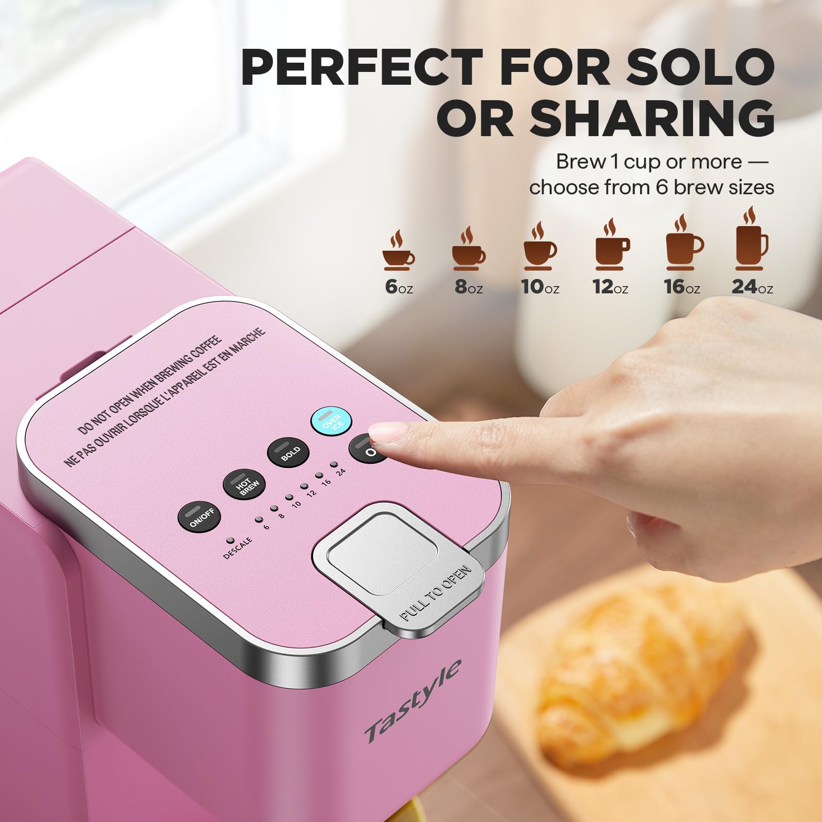 Tastyle removable drip tray supports different mug heights and reduces splashes.