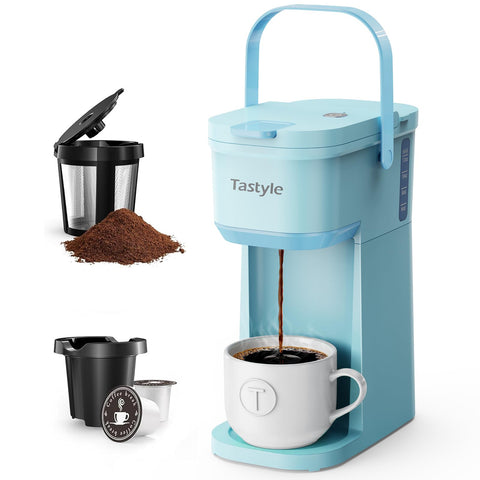 Tastyle single-serve coffee maker with aqua portable handle for easy on-the-go brewing.