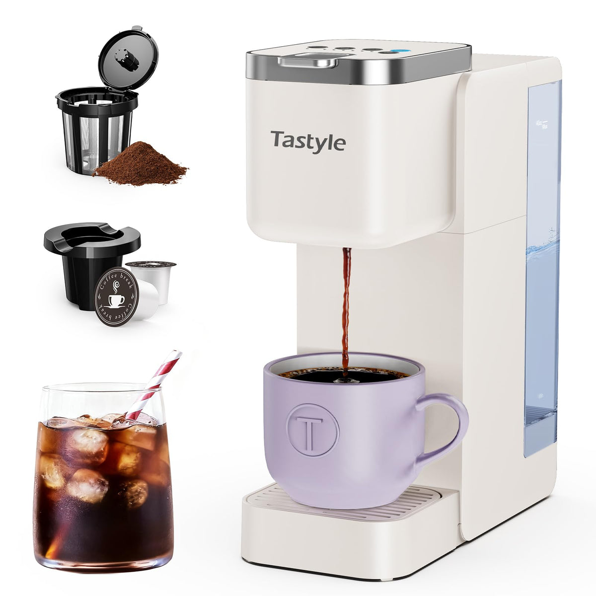 Tastyle single-serve coffee maker beige front view for compact kitchen.