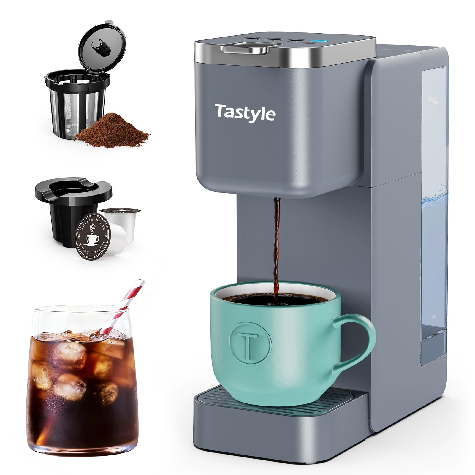 Tastyle single-serve coffee maker front view in gray, space-saving design.