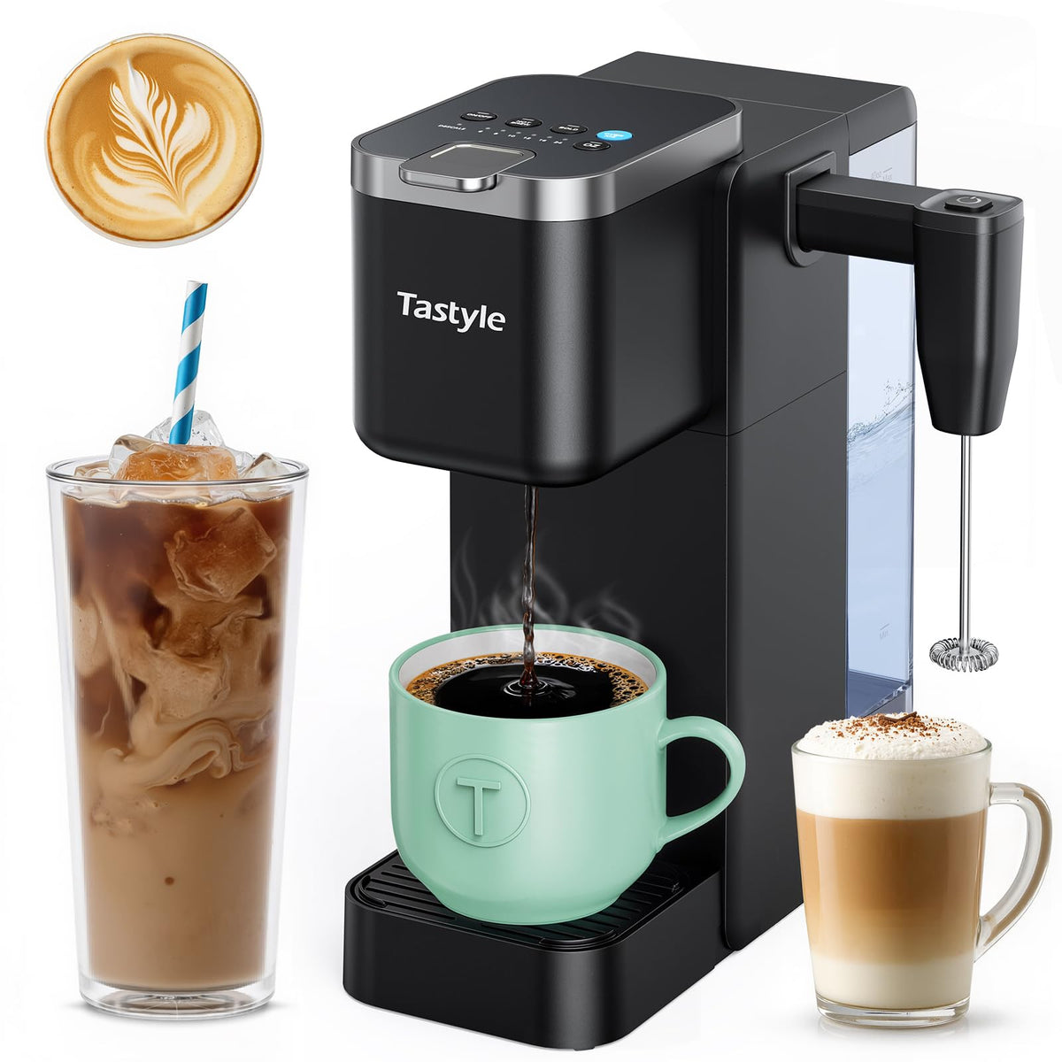 Tastyle coffee maker with built-in milk frother for creamy drinks at home