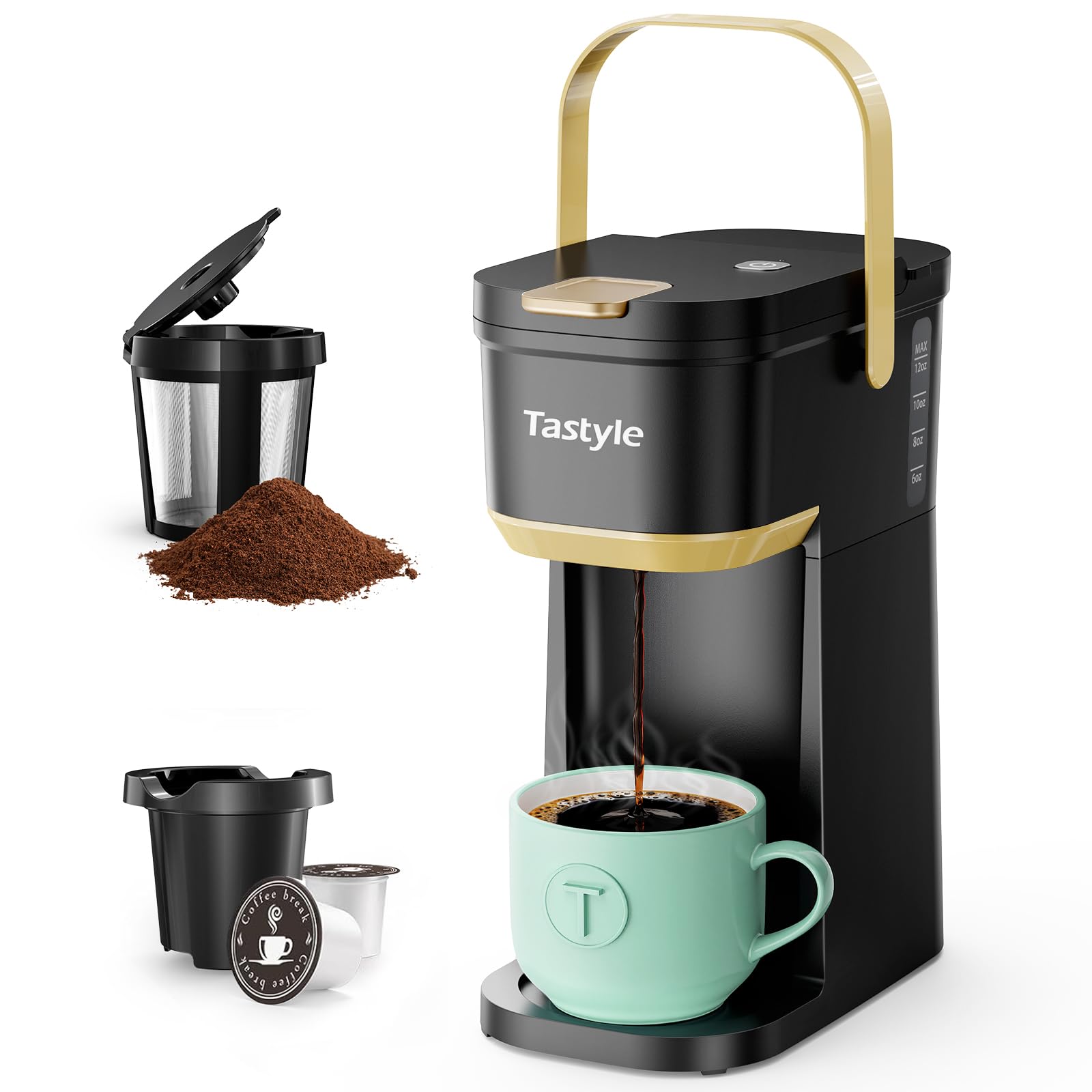 Tastyle single-serve coffee maker with portable handle for travel convenience.