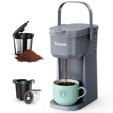 Tastyle single-serve coffee maker with portable handle for travel use