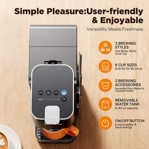 Tastyle coffee maker shows six cup size options for flexible brewing.